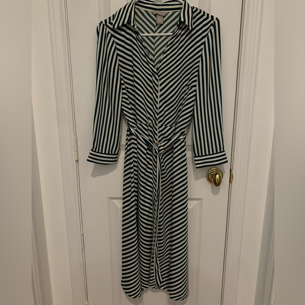 HM Size 4 Green & white striped dress with belted waste